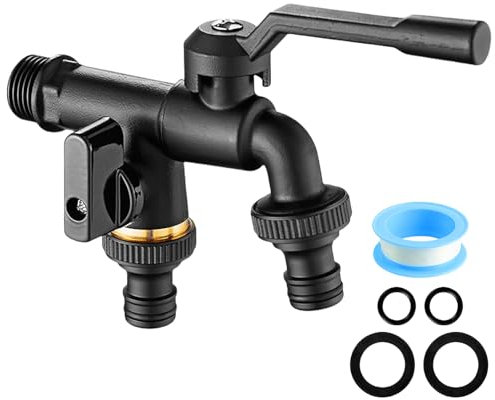 Wasserhahn Garten, Doppel Auslaufhahn 1/2 Zoll, Garten Wasserhahn aus Messing rost-und frostsicher, Doppelwasserhahn mit 2X Gratis Schlauchanschlüsse, Waschmaschine (1/2)