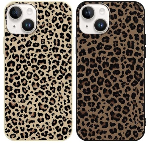 Foonary 2 Pack Black Leopard Print Phone Case for iPhone 14/iPhone 13 6.1, Soft Silicone with Grey Cheetah Design Aesthetics Pattern Cases,Shockproof Bumper Protector Cover, Girls Women for iPhone 14