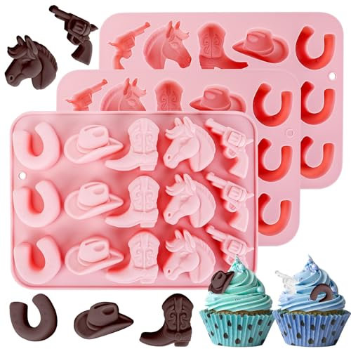 Western Cowboy Chocolate Molds, Xirdkur Cowboys Themed with Hat Boot Horse Saddle Shape Silicone Candy Party Baking Moulds Jello Ice Cube Candle Mold for Cupcake Cakesicle Decorations, 3 Packs
