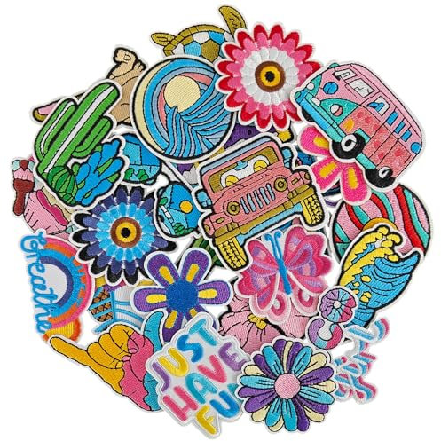 AXEN VSCO Camping Patches, Embroidered Iron on/Sew on Patches Outdoor Camping Themed Applique for Clothes, Hat, Backpack, Jeans, DIY Accessories, Pack of 25