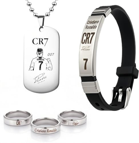 AMSNINK Fußball Accessoire Set - C R7 Armband, Halskette & Ring aus Edelstahl - Sportliches Schmuckset für Fußballfans, Jungen und Mädchen
