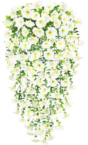 YSUVIN Fiori Finti da Esterno, 2 Pezzi Piante Finte da Esterno, Petunia Pianta Fnta Cadente, Fiori Artificiali Realistici Petunia Finti per Decorazioni Interno Balconi Giardino, Bianco