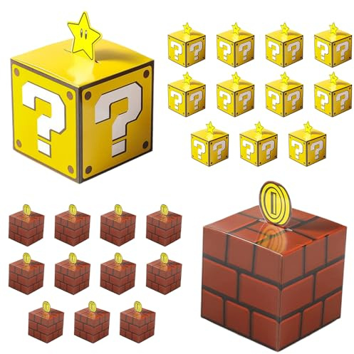 Mario Geschenkbox Geburtstag Kinder, 24 Stück Game Leckerli Box, Party Schachteln Geschenkbox für Hochzeit, Party, Kindergeburtstag, Heiligabend, Halloween (12 Gelb + 12 Braun)