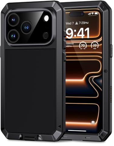 Lanhiem for iPhone 17 Pro Max Case Metal, Heavy Duty Tough Shockproof Cases, [Built in Tempered Glass Screen Protector] [Military-Grade Rugged], Full Body Strong Hard Phone Cover 6.9 Inch (Black)