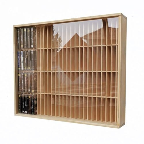 Laneryin Wooden 100 Slot Cassette Tape Storage Holder, Modern Wall Mount CD Rack With Acrylic Door, CD Storage Units for Table or Wall Mount