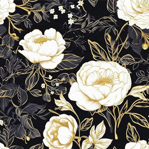 ANLIKY-Pro Self Adhesive Wallpaper White and Gold Floral Peel and Stick Contact Paper, 44X600CM Black and Gold Leaf Plants Removable Decorative Film for Cabinet Furniture