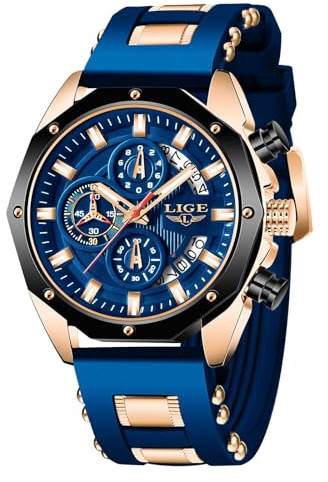LIGE Montre Homme 3ATM Étanche Vintage Chronographe Sport,Or Rose Bleu