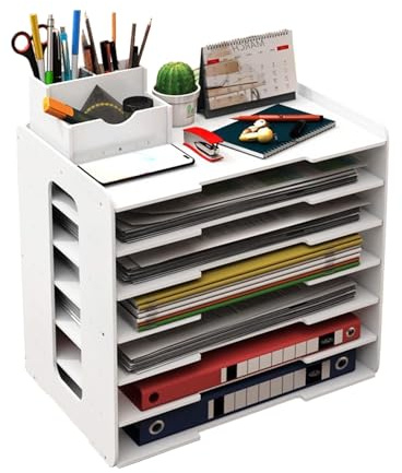White Large-Capacity Office Desk Organiser 7-Tier Vertical File Organizer A4 Folder Organizer Paper Tray Eco-Friendly Board, Waterproof & Stain-Resistant Ideal for Home, School, or Office (Includes Pe