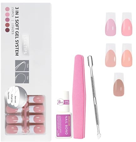 150Pcs French False Nails Kit - Medium Square Press on Nails - 15 Size Pink Coffin Fake Nails - Full Cover Acrylic French Tip False Nail for Women Ballerina Nail Art