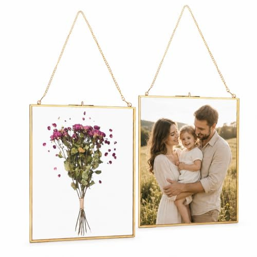 ZOFUN 2 Stück Bilderrahmen aus Kupfer, 25x20cm Hängender Glas-Bilderrahmen Glasrahmen Messing Hängende Schwimmende Glas Fotorahmen, Gold Geometrische Ornament Pflanze Probe Clip