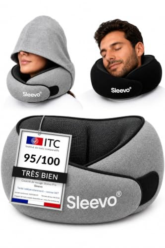 Sleevo Pro Nackenkissen (L) fürs Flugzeug mit Kapuze – Reisekissen, Grau | Großzügiger Sitz, breite Halsform - Memory Foam, ergonomisches Nackenhörnchen, Sichtschutz, waschbar inkl. Tasche