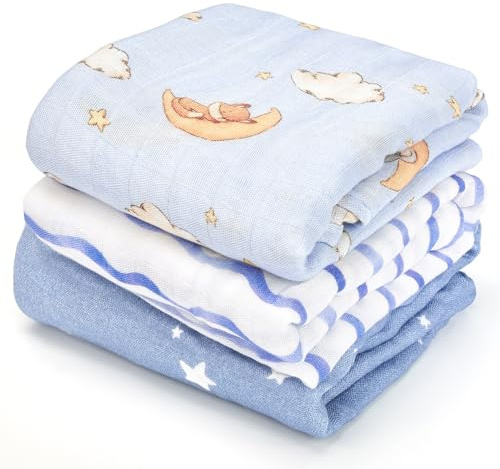 Hahaland Musselin Tücher Baby aus 100% Bambusfaser, 3er Set, Blau | 1×120×120 + 2×100×100 cm, Besonders Atmungsaktiv Weich, Stilltuch, Pucktuch, Baby Erstausstattung, Neugeborenen Geschenk