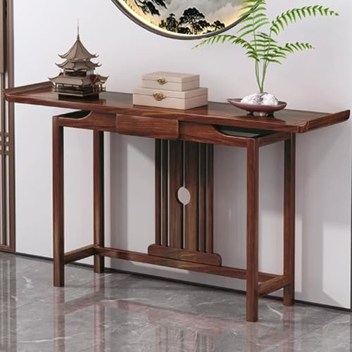 JSWHYBD Table Console en Noyer Massif de Style Chinois, Table d'entrée à Avant-Toit incurvé avec tiroir et Panneau Creux, Table d'autel rétro en Bois pour Couloir, Salon A 140 * 31 * 82CM