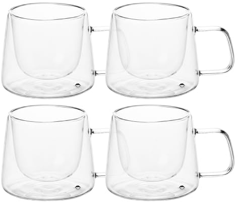 Lot de 4 Tasse Double Paroi 200 ml, Tasse a Cafe Double Paroi en Verre Double Paroi avec Anse, Isotherme pour Cafe, The, Cappuccino