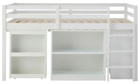 Gotagee Hochbett Kinderbett 90×190 cm (ohne Matratze), halbhohes Bett aus weißem Kiefernholz mit Schreibtisch und Stauraum für Kinderzimmer