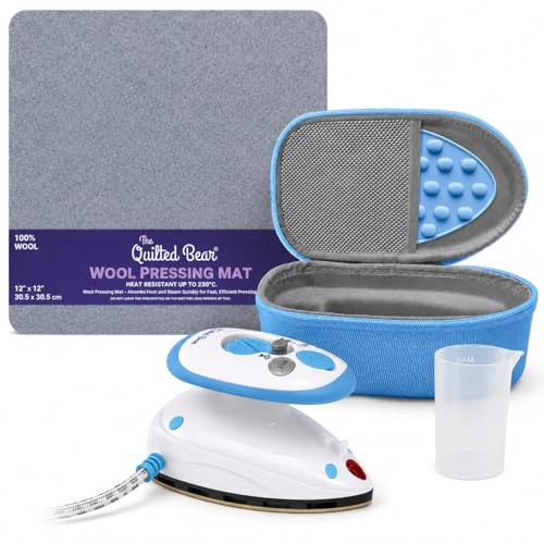 The Quilted Bear Premium Mini Iron and Wool Pressing Mat Bundle, Blue | Small Steam Iron, 12x12 inch Pressing Mat, Silicone Iron Rest, Hardshell Case for Quilting, Patchwork, Applique and Travel