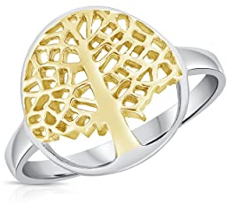 DTPsilver® Bague en Argent Fin 925 Plaqué Or Jaune - Arbre de Vie