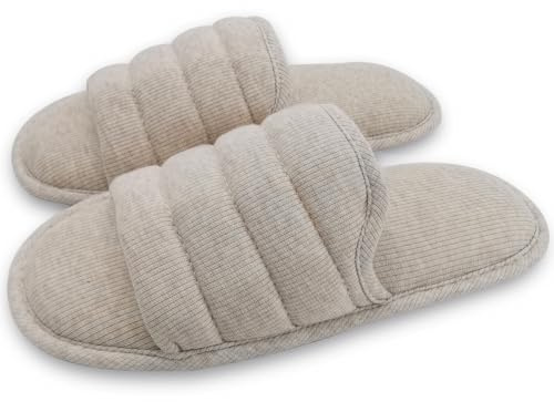 ofoot Zapatillas de casa de algodón con puntera abierta para hombre: Sandalias de verano de interior con espuma de memoria, suela delgada antideslizante - transpirable, lavable, ligero