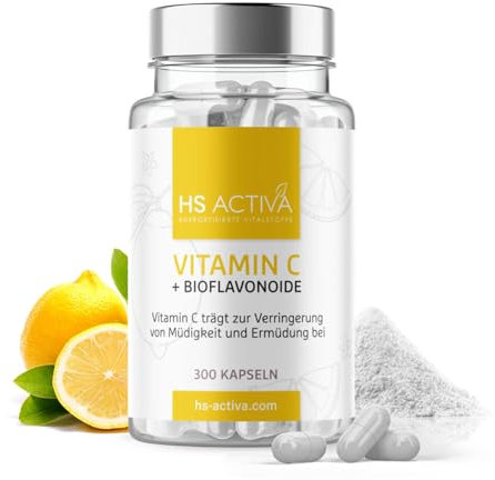 HS Activa Vitamin C hochdosiert 500mg – 300 Vitamin C Kapseln – Hohe Bioverfügbarkeit durch Citrusbioflavonoide – Laborgeprüft ohne unerwünschte Zusätze & Vegan – Made in Germany