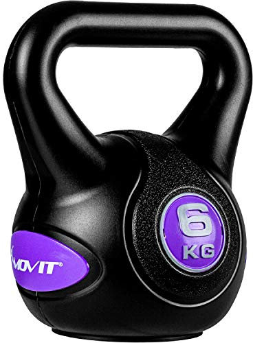 MOVIT Kettlebell STYLISH BLACK, Kugelhantel mit Bodenschonender Kunststoffhülle, 2 bis 20 kg, Schadstoffgeprüft, 6 kg Violett