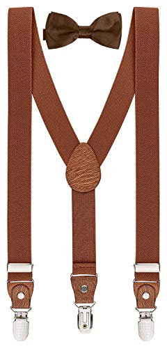 BomGuard 3 Clips Kinder Hosenträger Fliege Set - Kleinkind Junge Mädchen,cognac-braun