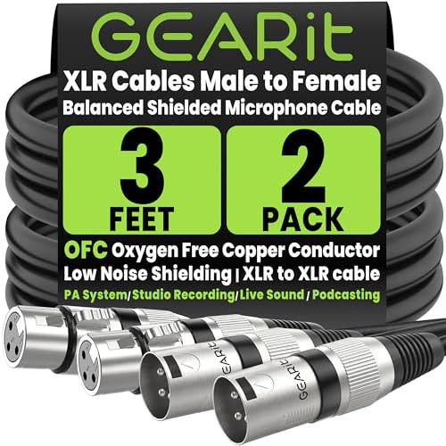 GEARit XLR to XLR Microphone Cable (3 Feet, 2-Pack) XLR Male to Female Mic Cable 3-Pin Balanced Shielded XLR Cable for Mic Mixer, Recording Studio, Podcast - Black, 3ft, 2 Pack