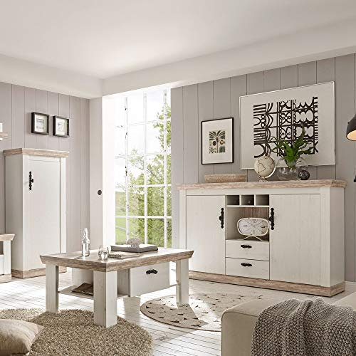 Landhaus Wohnmöbel Set in Pinie weiß und Oslo dunkel, mit Couchtisch, Kommode und Anrichte