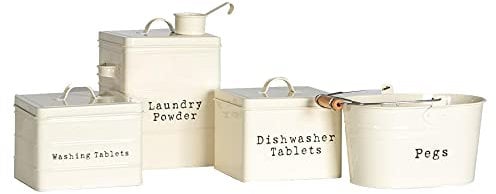 Harbour Housewares Kitchen Utility Canisters - 4pc - Cream - Steel Vintage Industrial Under Sink Storage Caddy Cupboard Organiser for Laundry Powder, Washing Tablets, Dishwasher Tablets and Pegs