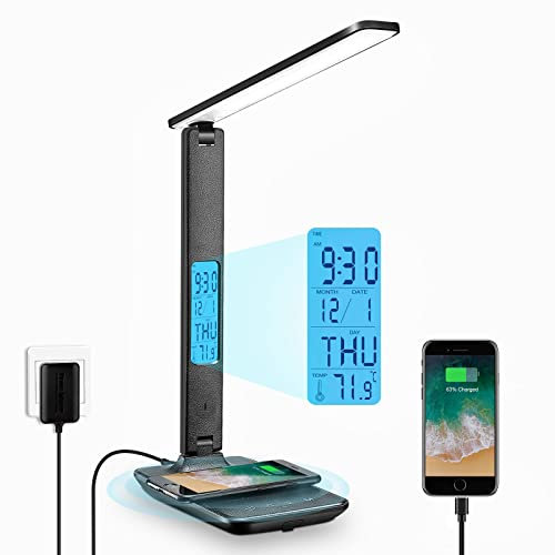 LAOPAO LED Desk Lamp with 10W Wireless Charging and USB Charging Port, 3 Colour Temperatures, 5 Brightness Levels,Touch Control, Time,Temperature,Clock Function for Home Office [Black]