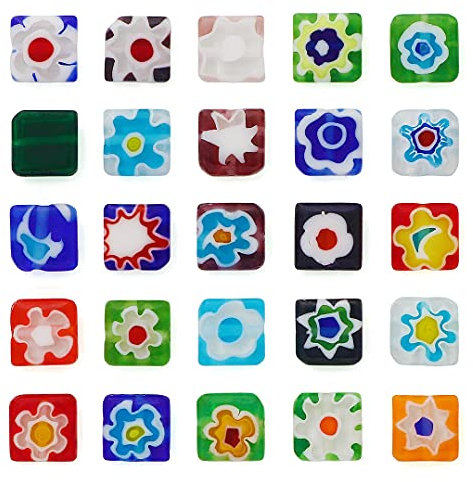 Coiris Lot de 90 perles plates Millefiori à 2 rangées 8 mm carrées en verre avec fleurs multicolores pour fabrication bijoux, colliers, bracelets, boucles d'oreilles (GB-QH-1001)