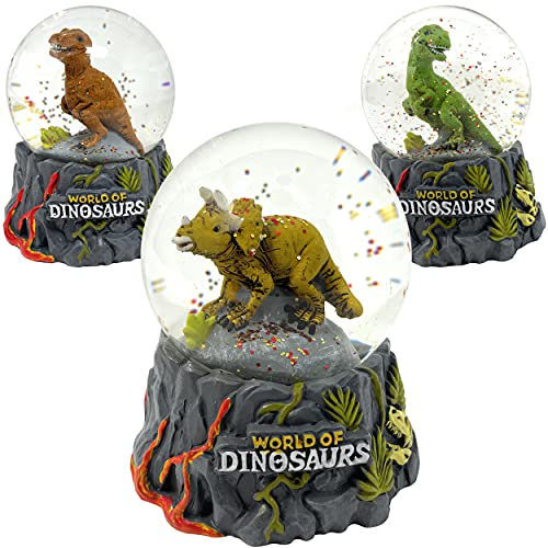Schneekugel Dinosaurier mit Glitzer - Hochwertige Schüttelkugel aus Glas | Dekofigur Dino in 3 Varianten [Eine via zufällige Auswahl] | Deko Monster Kugel Höhe 9 cm [1 Stück]