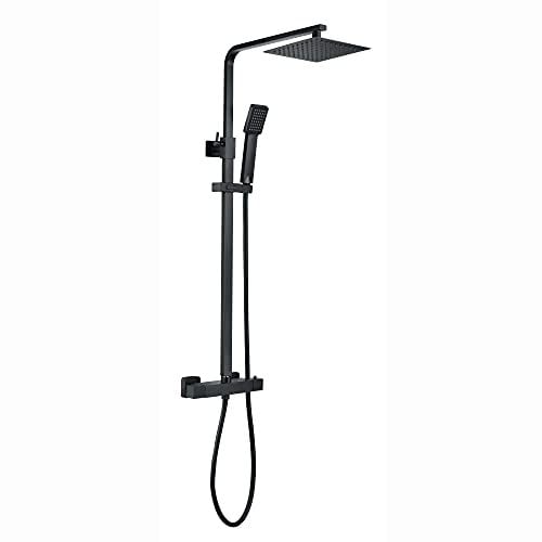 ENKI, ENZO, SH0214, Matt Black Shower Set Thermostatic 38? Mixer Shower Thermostatic with 200mm Ultra Slim Overhead Rain Shower and Handheld Shower Square Shower Mixer Shower System, 10-Year Guarantee