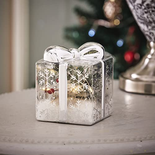 mysmartbuy.com Clear LED Decoration – Festive Decorative Light Up Glass Gift Box Ornament with Moulded Silver Ribbon & Bow – Indoor Home Windowsill Mantelpiece Table Xmas Decor