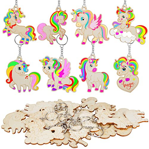 PATAZOK Schlüsselanhänger Einhorn-Bastelset zum Ausmalen, Schlüsselringe aus Holz als Partygeschenke für Kinder, Weihnachtsgeschenke, Mitgebsel, Einhorn-Partyzubehör