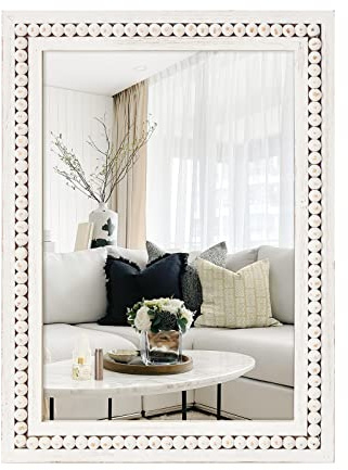 H HOMEWINS Rustikaler Holzspiegel, 55,9 x 76,2 cm, Bauernhaus, Boho, Badezimmer, rechteckig, für Kinderzimmer, weiße Perlen, Dekor, Wandspiegel für Schlafzimmer, Wohnzimmer, Schminktisch, Eingang