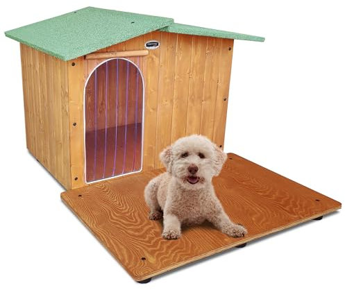 Hundehütten Hundehaus Hundehöhle mit Terrasse Aus Massiv Holz Echtholz Geshenk THERMOVORHANG Made in Italy Mod. Oasi B - Pudel 72x86xH53