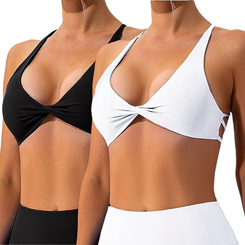 Vertvie Sport BH Damen Rückenfrei Tiefe V Ausschnitt Sexy Yoga Bra Gepolstert Bustier Push up Bralette Twist vorne Gym Workout Fitness(2pc: Schwarz + Weiß,M)
