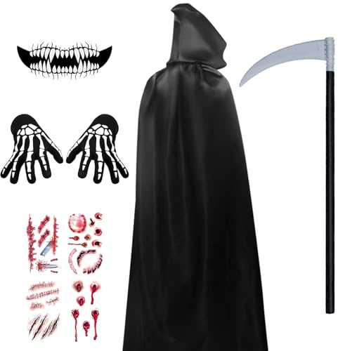 YIMOJOY Sensenmann Kostüm Set,Gruselig Halloween Kostüm Erwachsene Kinder,120/150/170/190CM Sensenmann Satin Umhang mit Kapuze,Grim Reaper Costume Herren Jungen Horror Tod Verkleidung Cosplay