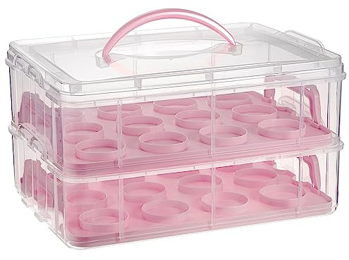 BSTKEY Plastic 2 Tier Stackable Insert Layer Cupcake Box, Clear Storage Box Container Portable Cupcake Holder Cupcake Carrier with Lid and Handle (Pink)