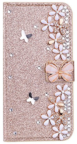 Leder Handyhülle Bling Schutzhülle Lederhülle Strass Diamant Hülle Flip Cover für Huawei P10 Hülle Glitzer PU Schutzhülle Kreditkarteninhaber Kippständer Klapphülle Gold Bling Blumen