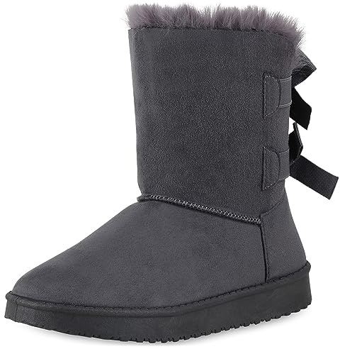 VAN HILL Damen Warm Gefütterte Winter Boots Stiefeletten Bequeme Kunstfell Schuhe Flache Schleifen Stiefel Profilsohle Booties 611505 Grau 38