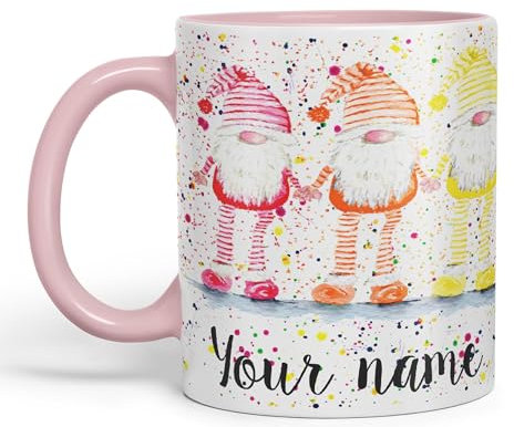 Vixar Personalised with Your Text Rainbow Gonk Watercolour Art Coloured Ceramic Mug Cup Gift 330ml 11oz Custom Work Office Tea Coffee (Pink)