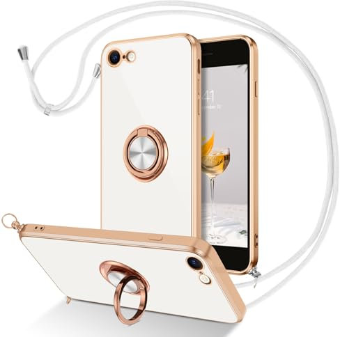 DUEDUE für iPhone SE Hülle mit Band 2020/2022, Handykette iPhone 8 Handyhülle mit Band 360 Grad Ring Stoßfeste iPhone 7 hülle mit Ring Soft Silikon TPU für iPhone 7/8/SE 2020/2022 Mit Ring Weiß