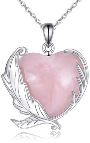 YFN Feather Necklace Sterling Silver Rose Quartz Heart Pendant Necklace Feather Jewelry For Women Girls Feather Gifts