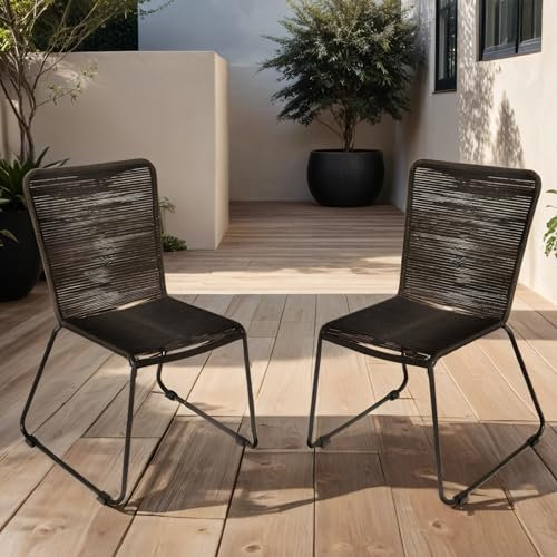 Loreno 2er Set Outdoor Seilstuhl ISRA – Stapelbare Gartenstühle mit Grauer Seilbespannung aus Polyester & schwarzem Eisen-Gestell – Modernes Rope Chair Design für Garten, Balkon & Terrasse, Schwarz