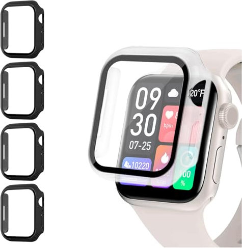 AOTUAO 4 Pack PC Case Cover with Screen Protector Compatible with Apple Watch Series 9 8 7 41mm, Tempered Glass Screen Protector Overall Protective Cover for iWatch Series 9 8 7 41mm,(4 Black)