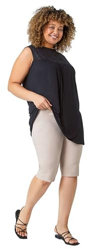 Roman Originals Knee Length Shorts for Women UK - Ladies Cropped Capri Stretch Bengaline Pants Crop Trousers Summer Legging Lounge Essentials Elasticated Casual Clothes - Natural - Size 18