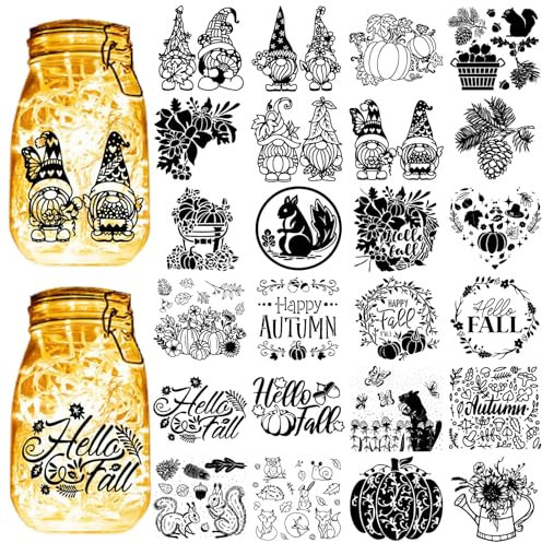 CREATCABIN 24Pcs Mason Jar Decals Gnome Silhouettes Mason Jar Decor Autumn Theme Lantern Cutouts Squirrel Pumpkin Silhouette For Wall Windows Scrapbook Decor Supplies Black 3.9x3.5Inch(No Sticker)