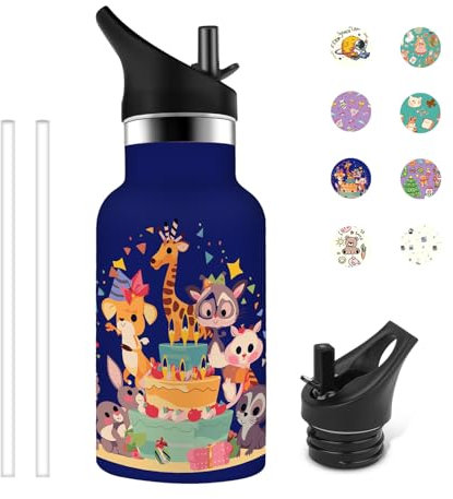 Grsta Botella Agua Acero Inoxidable, 350ml Botella Agua Niños, Botella Termica a Prueba de Fugas, Botella Agua Personalizada con Pajita, Fiesta de cumpleaños de Niño&niña, Azul marino