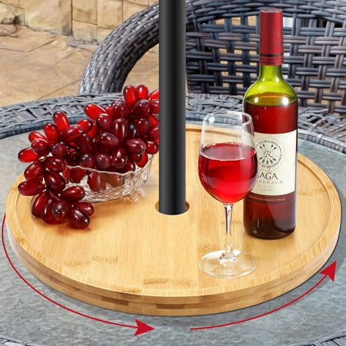 Thyle 33 cm großer Regenschirm-Tisch, Tablett, Drehteller, tragbar, Lazy Susan für Terrassentisch mit Schirmloch, Holzfarbe, runder Organizer für 3,8 cm Stange, Hinterhof, Strand, Garten, Schwimmbad